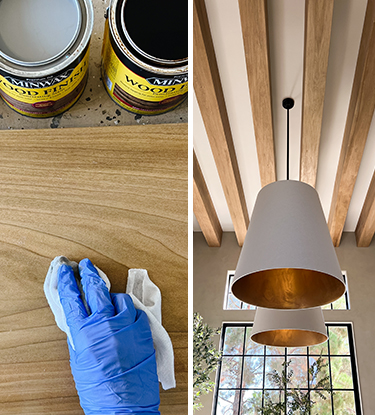 two images, one showing stains and a mix and another showing ceiling with stained wood and lampshades