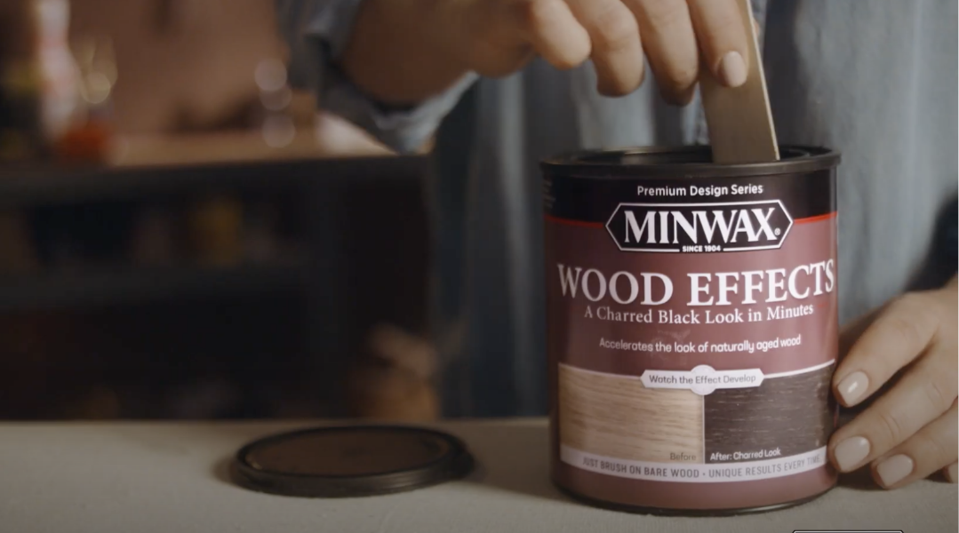 Stirring a can of Minwax Wood Effects stain