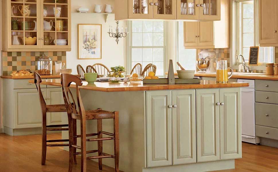 Cupboards stained with Parchment and base cabinets stained with Driftwood Minwax stains